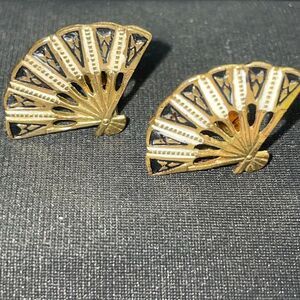 Antique Spanish Damascene vermeil enamel gold tone fan‎ clip on earrings